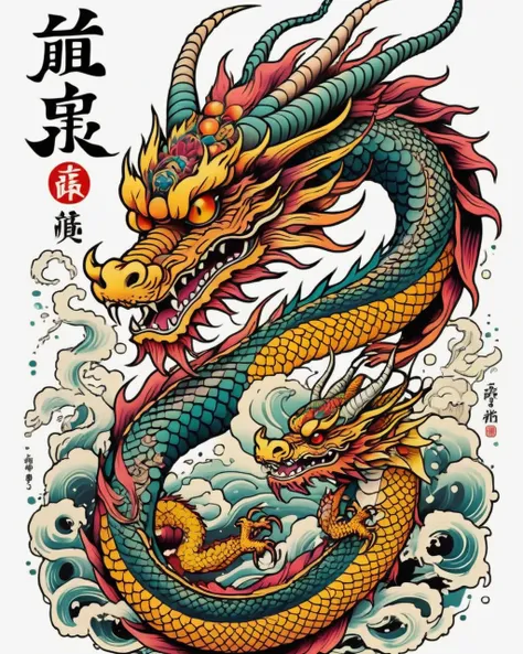 a traditional japanese tattoo design, a dragon in neo japanese style, sticker art, pale skin, highly detailed, intricate, dynami...