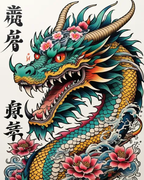 a traditional japanese tattoo design, a dragon in neo japanese style, sticker art, pale skin, highly detailed, intricate, dynami...