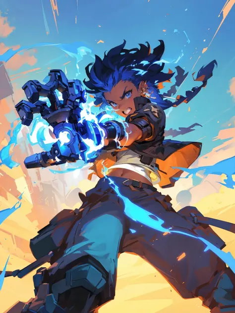 a blue haired dark skin women, sci fi suit, sneakers, eletric powers, attacking sparks, blue bolts, foreshortenings, action, epic scene, splash art style sheets, movement, impact and strong compostion