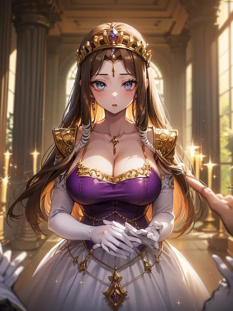 ((upper body)),Anime art style,masterpiece,(Dark brown hair), (Very detailed),(Very delicate and beautiful),(alone),((((pov)))),(Detailed face and eyes),Beautiful eyes like jewels,(紫のブラウス),(((Mature Woman,Queen))),((1 Queen in a beautiful embroidery and je...