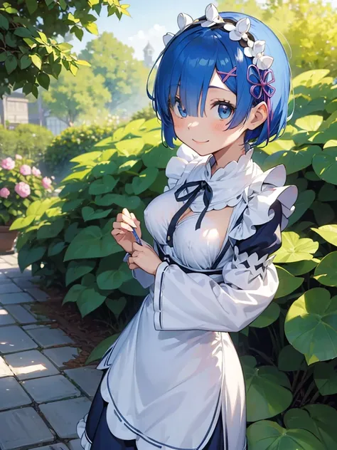 masterpiece, best quality, rem_re_zero, solo, blue hair, 10yo, (petite),
 smile, maid uniform, standing, (open clothes), medium breasts, garden,