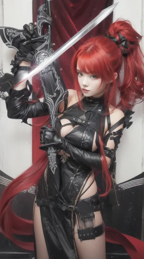 Beautiful girl with red hair and black outfit holding a sword