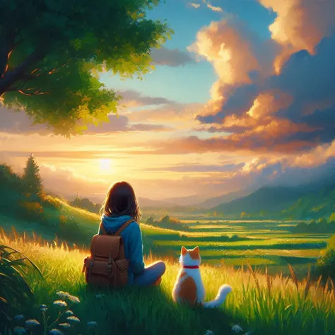 a girl and a black cat sitting in a grass landscape looking at the sky on a beautiful afternoon, pintura,lofi