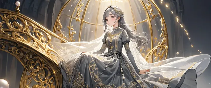 girl, Gold and silver embroidery, White-gray pearl medieval long dress（With panniers）, Translucent fabric, Pull up the dress by hand, Strong winds, Translucent slip, Grey translucent tights, Peeking from below, Highest quality, Disorder of clothing, sit