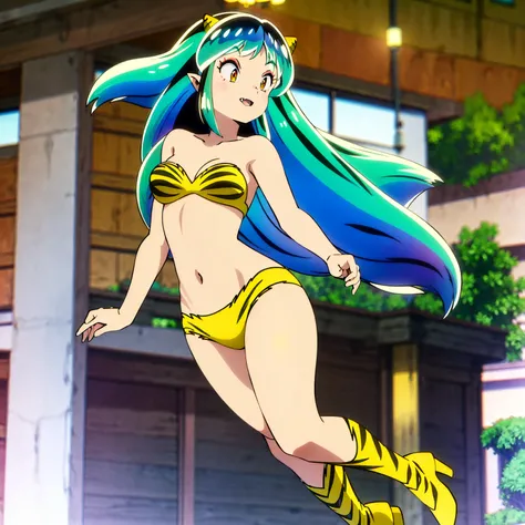 Tabletop, Highest quality, Ultra-high resolution, Highest quality, Anime Style, Alien Girl, They are, 17 years old, Attractive girl, Long Green Hair, Yellow horn, Ram, Ram_Bikini, Yellow tabby bikini, Fly silently through space, A carefree smile, Animated ...