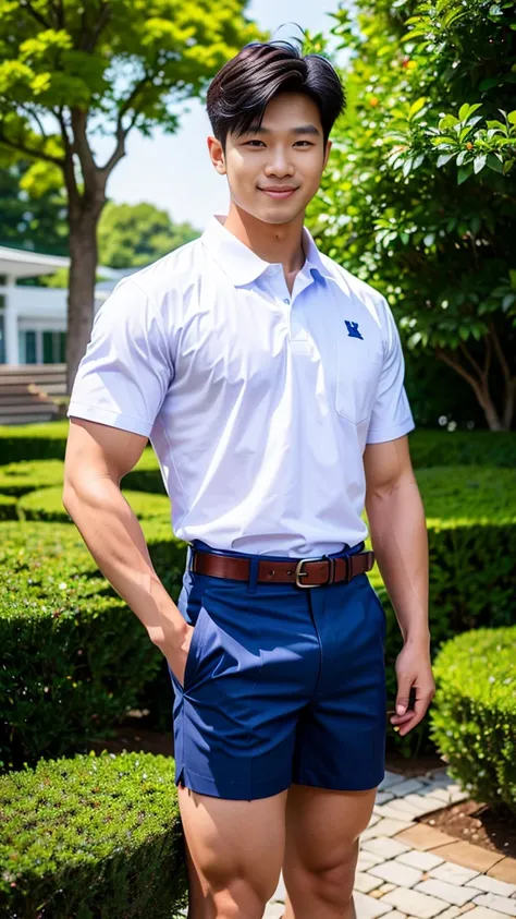 (Create a masterpiece: 1.2),(CGI art:1.3),(realistic:1.5),(After processing:1.3),(Sharp focus:1.3),10,1 man, smile, (Wear a white school shirt.), (Dark blue shorts:1.2),brown belt, Korean guy , korean men, (High gloss details), chest muscles, large arm mus...