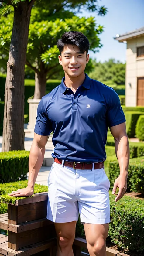 (Create a masterpiece: 1.2),(CGI art:1.3),(realistic:1.5),(After processing:1.3),(Sharp focus:1.3),10,1 man, smile, (Wear a white school shirt.), (Dark blue shorts:1.2),brown belt, Korean guy , korean men, (High gloss details), chest muscles, large arm mus...