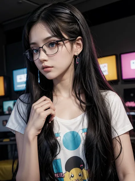 Photograph, anime style, very beautiful woman, gamer, attractive, long black curly hair, black eyes, rectangular glasses, earring, headset, rainbow shirt, otaku gamer room background