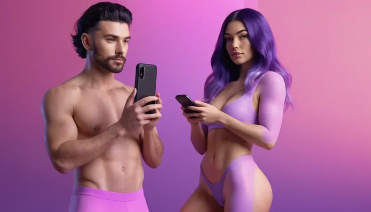 woman holds smartphone in her hand, naked european woman holding a dildo and smartphone that is glowing with pink and purple colours, in front of sporty musculin blackhair man, we can see their face close, minimalistic, in a light purple and pink style, wi...