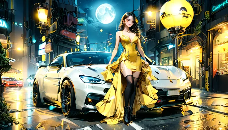 a picture of a female model wearing an evening dress ((lifting a car: 1.5)), glamorous model woman, black hair, long hair, wavy hair, beautiful green eyes, she wears a ((yellow evening dress: 1.5)), elegant, intricate detailed dress, silk dress, small clea...