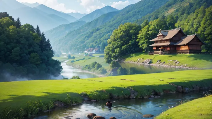 a peaceful landscape, Could be a painting, with a river flowing through a valley, where traditional Asian-style houses are nestled amidst lush green nature. The mist-covered mountains lie in the background, and the birds were flying in the sky. This work o...