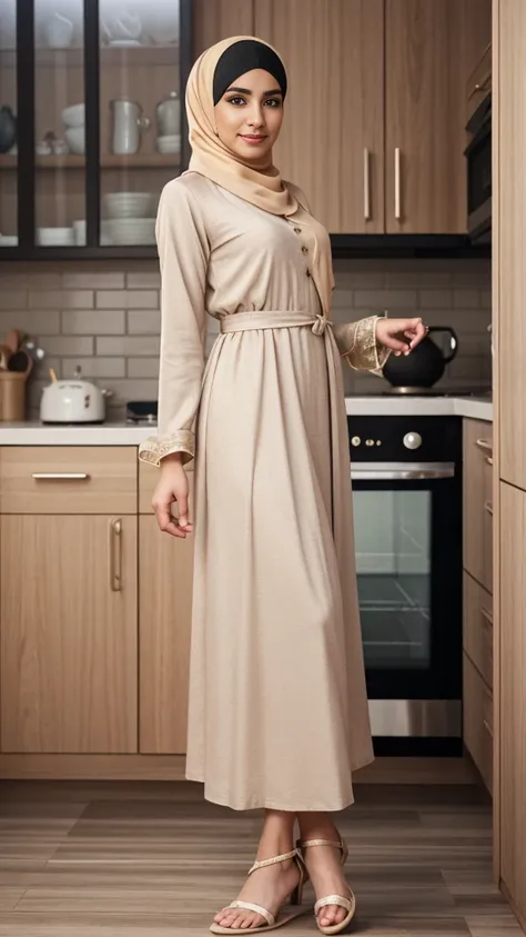 {{masterpiece, best quality, extremely detailed CG, unity 8k wallpaper, cinematic lighting, }}, Sony α7, wide frame, A man crossdressing as a woman wearing perfect loose hijab, no hair seen, pastel abaya dress, and slippers standing straight in the kitchen...