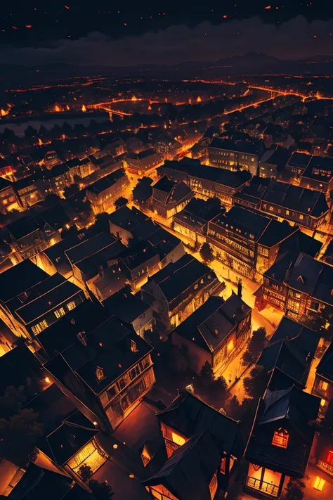 old european village shot with bird view, (red glowing eyes), masterpiece, depth of written boundary, lutz, gwaites style artwor...