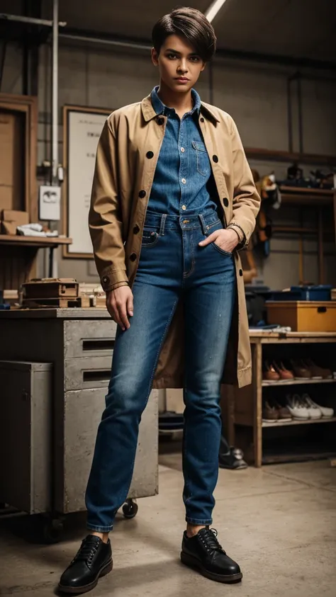 {{masterpiece, best quality, extremely detailed CG, unity 8k wallpaper, cinematic lighting, }}, Sony α7, wide frame, A short haired girl crossdressing as a man wearing mans jacket, shirt, long jeans, and shoes standing straight in a workshop with cool pose...