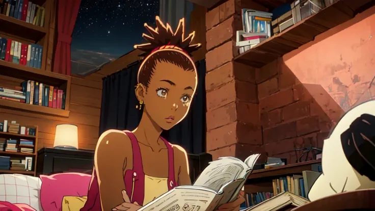 ((carol_Stanley)), One girl, Brown Hair, Dark Skin, Dark skinned women, Earrings, ponytail, short hair, Reading a book alone,　Seaside, evening,(((Movie angle))), Bed in a room with bookshelves, Night sky outside the window, 