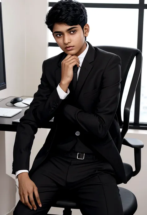 a 17 years old Indian bihari boy, honey skin, short black hair, wearing black suit & pant, sitting on black office chair, image fill, best quality, 1080P, HD, 16k, super detail