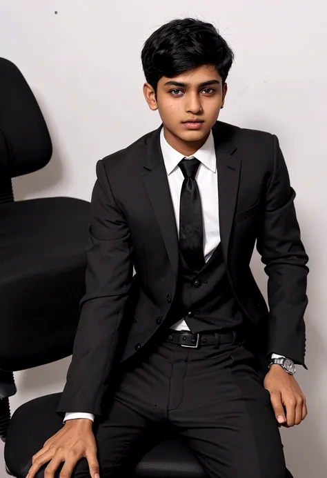 a 17 years old Indian bihari boy, honey skin, short black hair, wearing black suit & pant, sitting on black office chair, image fill, best quality, 1080P, HD, 16k, super detail