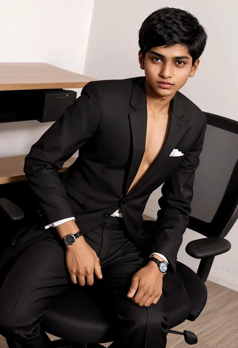 a 17 years old Indian bihari boy, honey skin, short black hair, wearing black suit & pant, sitting on black office chair, image fill, best quality, 1080P, HD, 16k, super detail