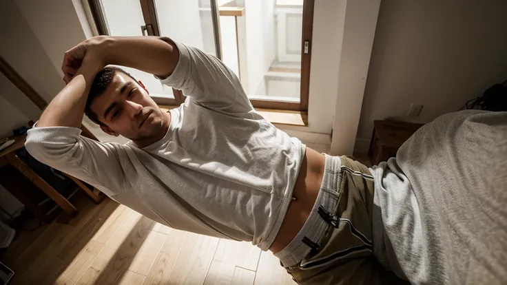 a young man in casual clothes, com muito dinheiro espalaHDo em volta, in a house, vertical view, HD, realisitic ,
