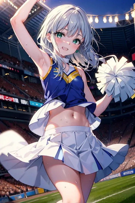 index, index,Silver Hair, (Green Eyes:1.5),Long Hair, (Flat Chest:1.2),Grin,tooth,Daytime,sunny,
,(cheer leading), (whole body), Lower, (Sweaty), Sweaty Wet Clothes, (White clothes),Sleeveless, Pleated skirt,Black socks,sneakers, Belly button support, play...