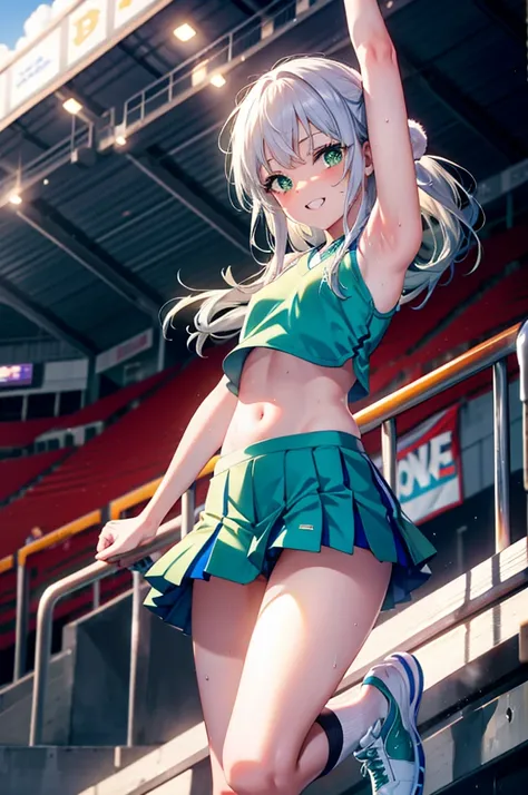 index, index,Silver Hair, (Green Eyes:1.5),Long Hair, (Flat Chest:1.2),Grin,tooth,Daytime,sunny,
,(cheer leading), (whole body), Lower, (Sweaty), Sweaty Wet Clothes, (White clothes),Sleeveless, Pleated skirt,Black socks,sneakers, Belly button support, play...