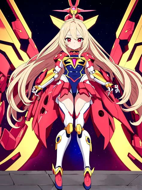 a beautiful magical girl with long blond hair and red eyes, wearing a magical girl style leotard combined with mecha style skirt and other mecha style accesories, full body turned towards the viewer, detailed face, extremely detailed eyes and face, hyper d...