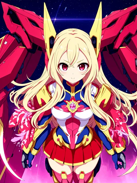 a beautiful magical girl with long blond hair and red eyes, wearing a magical girl style leotard combined with mecha style skirt and other mecha style accesories, full body turned towards the viewer, detailed face, extremely detailed eyes and face, hyper d...