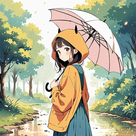 ((anime:1.4,illustration)),(masterpiece, top quality, best quality),(ultra-detailed, absolutely resolution),((16k, high res)), (((Pikachu holding an umbrella in the rain, a rainbow is out, the sky is half sunny and half rainy)) ((cozy lofi illustration:1.4...