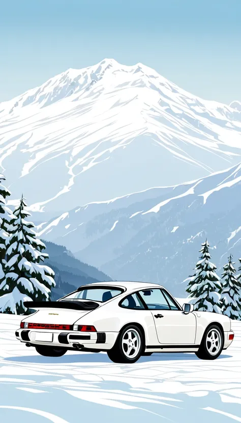 high details vector illustration of Porsche 964 carrera 4, white, back side view , realistic snowy mountain landscape