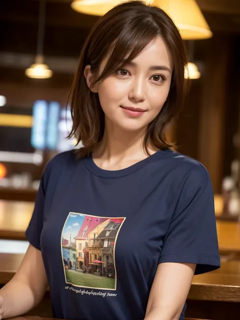 Tabletop, highest quality, Realistic, Very detailed, Fine details, High resolution, 8k wallpaper, 1. Beautiful woman, Wear a brightly colored casual t-shirt, Large Bust, In a great pub, ((View your viewers)), At night, Light brown messy hair, Perfect dynam...