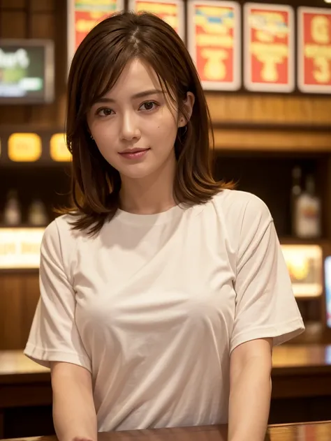 Tabletop, highest quality, Realistic, Very detailed, Fine details, High resolution, 8k wallpaper, 1. Beautiful woman, Wear a brightly colored casual t-shirt, Large Bust, In a great pub, ((View your viewers)), At night, Light brown messy hair, Perfect dynam...