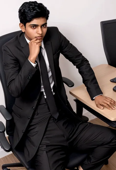 a 17 years old Indian bihari boy, honey skin, short black hair, wearing black suit & pant, sitting on black office chair, image fill, best quality, 1080P, HD, 16k, super detail