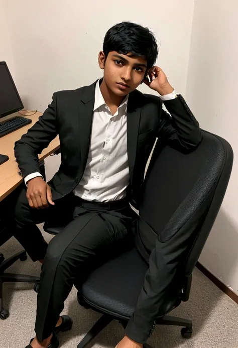 a 17 years old Indian bihari boy, honey skin, short black hair, wearing black suit & pant, sitting on black office chair, image fill, best quality, 1080P, HD, 16k, super detail