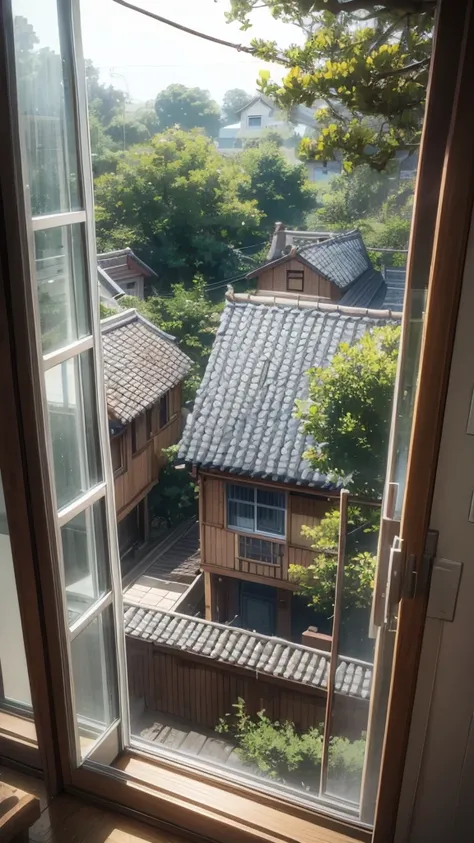 I am in a tree house. From the window I can see that it is raining outside. From the still window, I can see tree branches outside.