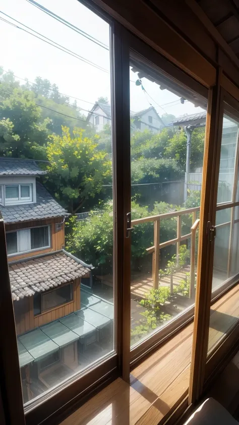 I am in a tree house. From the window I can see that it is raining outside. From the still window, I can see tree branches outside.