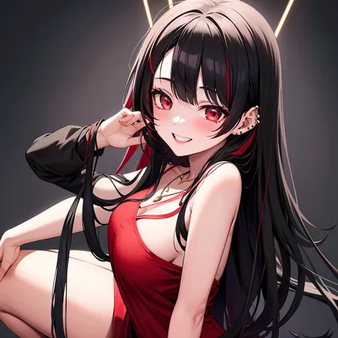 anime panel,whole body , 1girl,solo Korean, long black curly hair with red highlights, red, slanted eyes, casual clothes, black tank top, ear piercing, necklace, hair illuminated by party lights, party background, long chic dress, smiling showing teeth, bl...