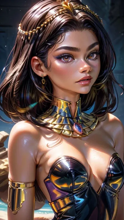 Egyptian Queen hairstyle, Ultrarealistic Golden brown eyes, both eyes are similar, Ultrarealistic Red lip, Dark black eyeliner, Purple eyeshadow, Ultrarealistic toned Athletic body, toned abs, Ultrarealistic heavily oiled shiny skin, a close up of a woman ...