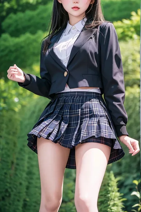 top quality, high image, 1 woman, 18 years old, school stairs, black jacket, medium breasts,white blouse,(plaid miniskirt), cott...