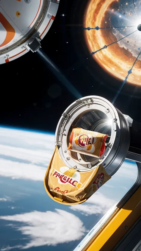 Create an image of an astronaut floating inside a spaceship, enjoying a can of Pringles. Show the Pringles can with its iconic logo, and depict a few Pringles crisps floating nearby, emphasizing their perfect shape for zero gravity. The background should i...