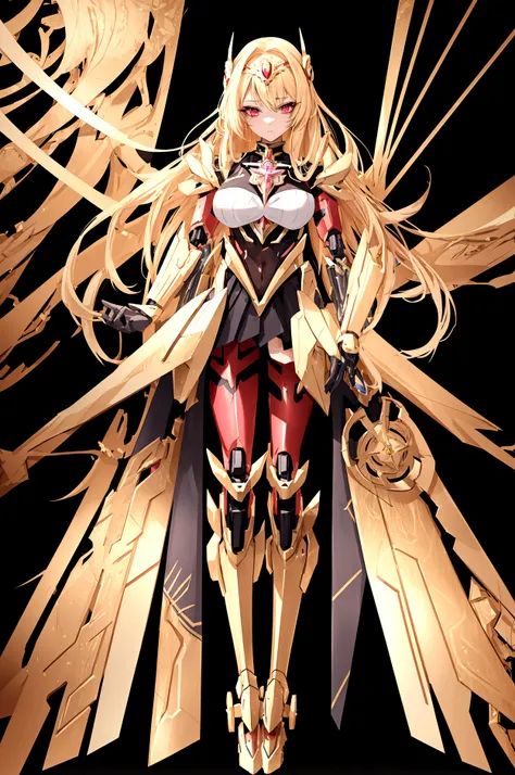 a beautiful magical girl with long blond hair and red eyes, wearing a magical girl style leotard combined with mecha style skirt and other mecha style accesories, full body turned towards the viewer, detailed face, extremely detailed eyes and face, hyper d...