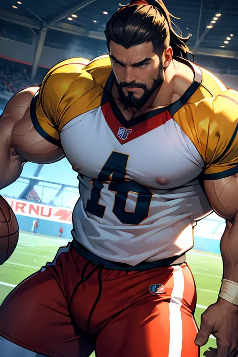 bodybuilding physique, A muscular man with a strong build.. He has a well-defined jaw and a serious expression.. His skin is clear, and he has a short beard. Football, american football clothing, rugby, Football player