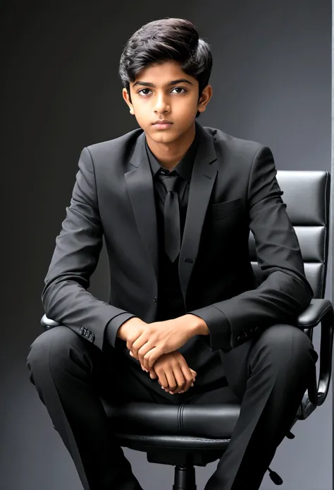 a 17 years old Indian bihari boy, honey skin, short black hair, wearing black suit & pant, sitting on black office chair, image fill, best quality, 1080P, HD, 16k, super detail