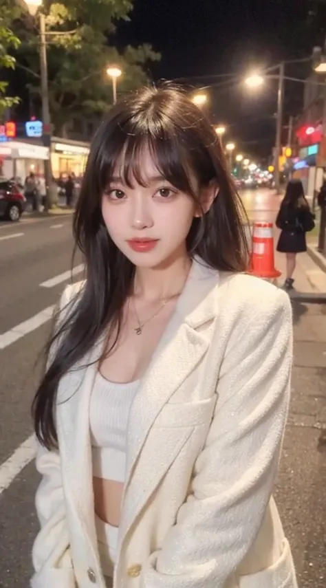 Wearing a white coat, She has black hair，With bangs, Fluffy bangs, in a street at night，face to the viewer，The body faces the audience，close your mouth and smile，mediuml breasts，with a round face，a 23 year old girl，Wear for autumn