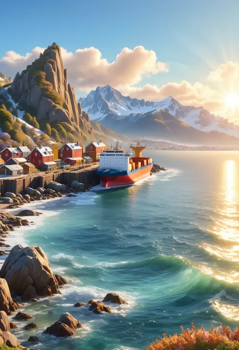 a beautiful serene coastal town, rocky coastline, tranquil ocean, wooden dock, large cargo ship on the horizon, snow-capped mountains in the background, sunlight glistening on the water, realistic, photorealistic, 8k, ultra-detailed, masterpiece, stunning ...