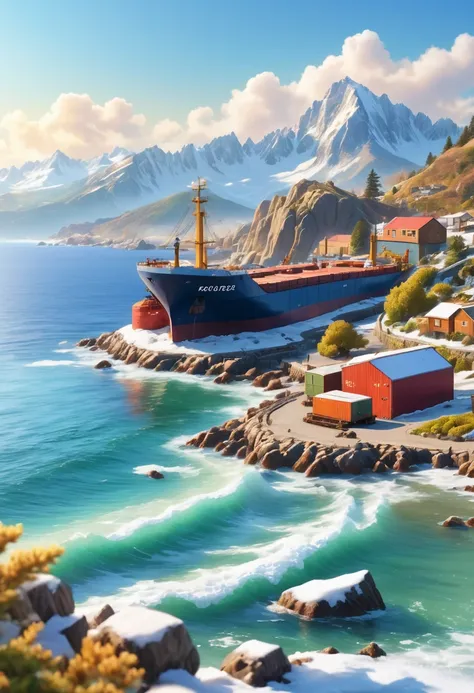 a beautiful serene coastal town, rocky coastline, tranquil ocean, wooden dock, large cargo ship on the horizon, snow-capped moun...