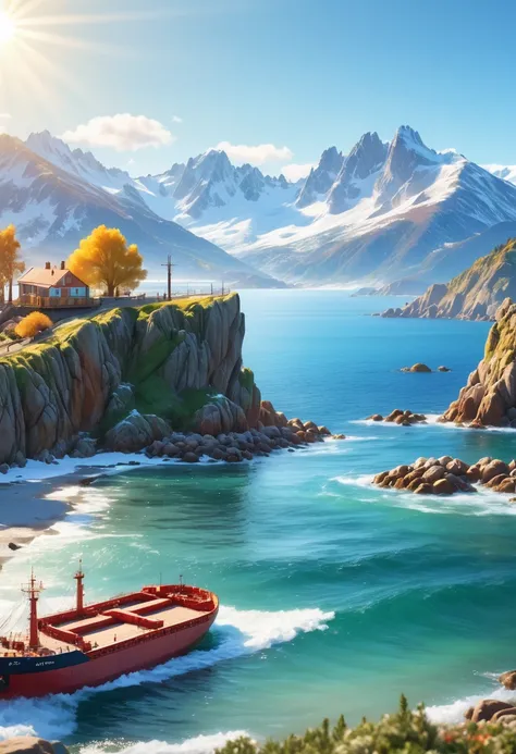 a beautiful serene coastal town, rocky coastline, tranquil ocean, wooden dock, large cargo ship on the horizon, snow-capped mountains in the background, sunlight glistening on the water, realistic, photorealistic, 8k, ultra-detailed, masterpiece, stunning ...