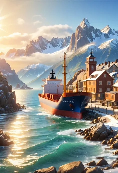 a beautiful serene coastal town, rocky coastline, tranquil ocean, wooden dock, large cargo ship on the horizon, snow-capped moun...