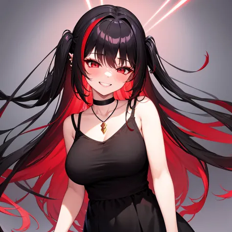 anime panel,upper body, 1girl,solo Korean, long black curly hair with red highlights, red, slanted eyes, casual clothes, black tank top, ear piercing, necklace, hair illuminated by party lights, party background, long chic dress, smiling showing teeth,clos...