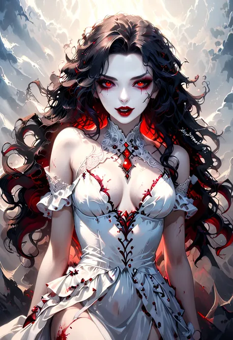 Arafed, dark fantasy art, goth art, a beautiful female vampire wearing a white evening dress stained with blood, an extremely beautiful female vampire, ultra detailed face, black hair, long hair, wavy hair, dark glamour make up, pale skin, red lips, glowin...