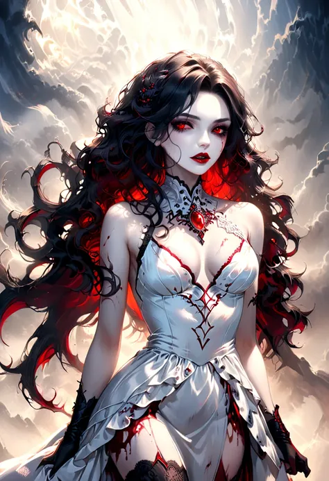 Arafed, dark fantasy art, goth art, a beautiful female vampire wearing a white evening dress stained with blood, an extremely beautiful female vampire, ultra detailed face, black hair, long hair, wavy hair, dark glamour make up, pale skin, red lips, glowin...